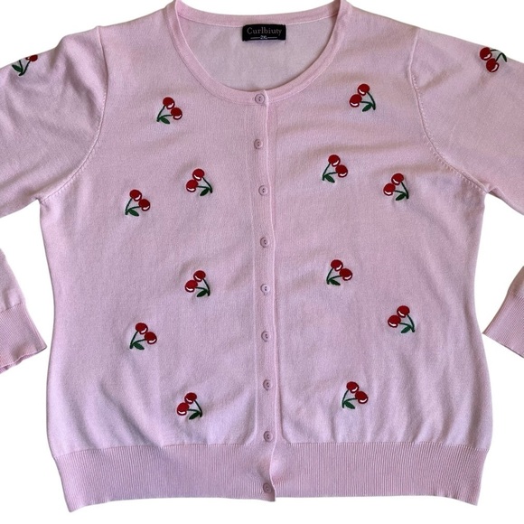 Curlbiuty Light Pink Cardigan with Embroidered Cherries Buttons Down Size 1X - Picture 4 of 15